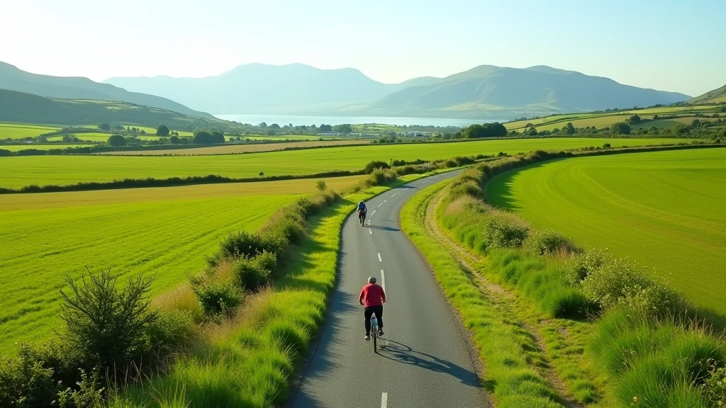 Wide aerial view of the Great Western Greenway cycling path curving through green countryside with mountains in the distance
