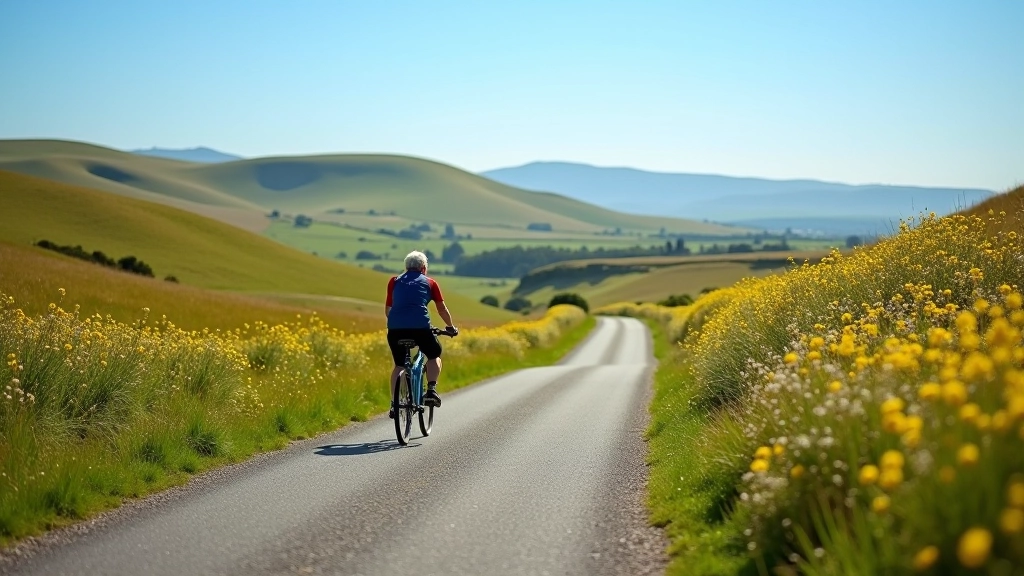 Rolling limestone hills with winding country lane and cyclist in distance