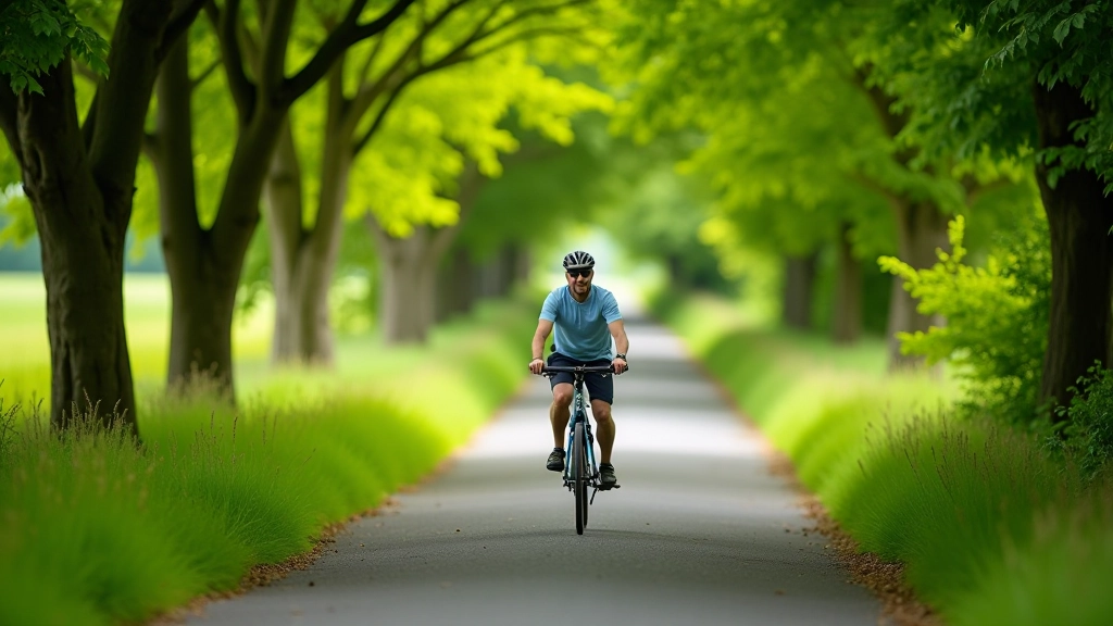 Cyclist riding through a tree-lined section of the greenway with sunlight filtering through the canopy overhead