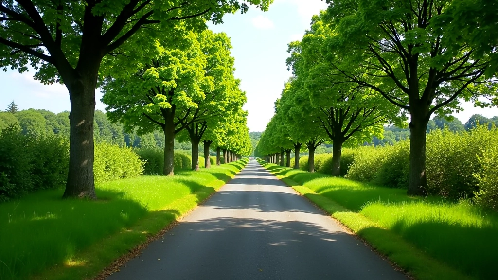 Wide view of the greenway stretching ahead with trees lining both sides and clear weather