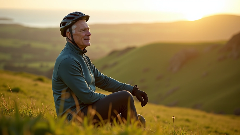 Cyclist sitting on grassy hillside overlooking the Burren landscape
