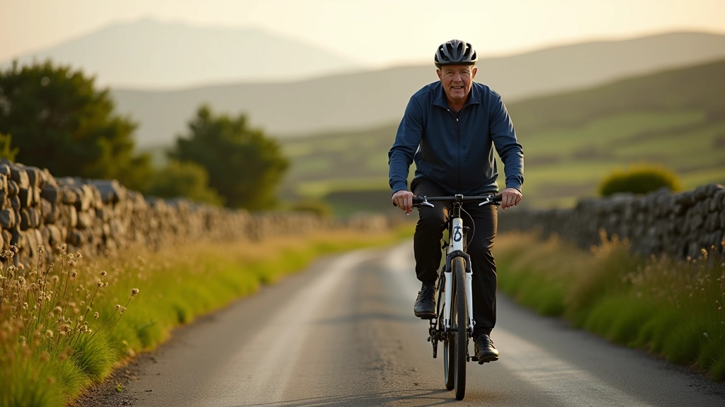 Cyclist on quiet country road with stone walls and wildflowers