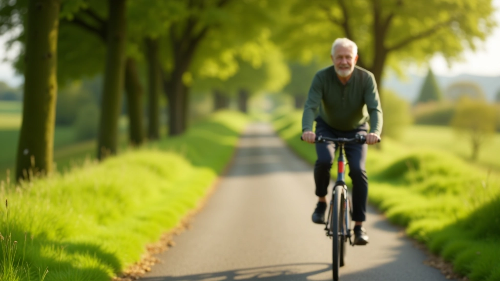Cyclist riding on a flat, tree-lined greenway path with green fields in background