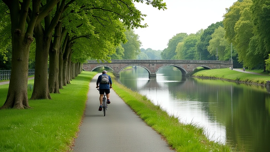 Historic canal path with towpath running alongside calm water and tree reflections