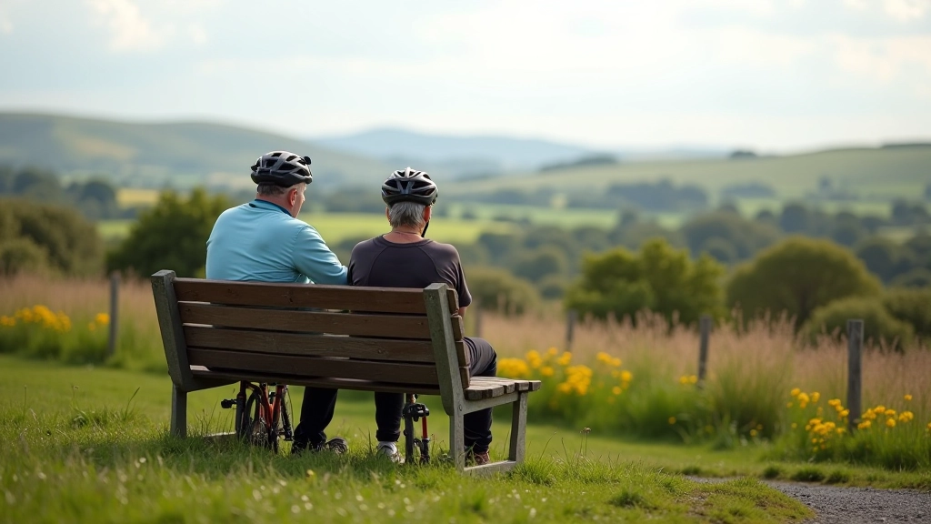 Happy cyclists resting at a scenic viewpoint along a greenway